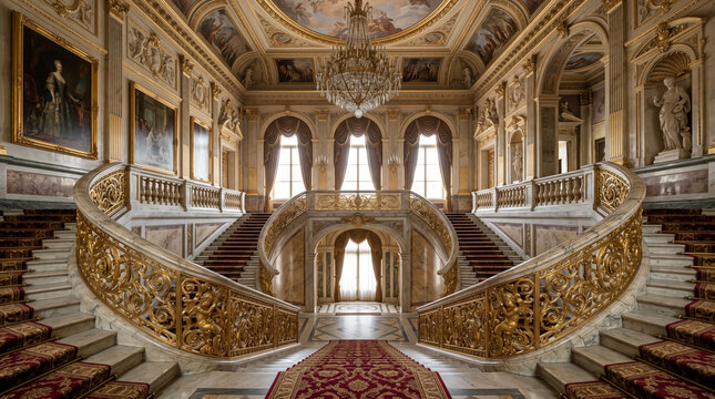 Opulent grand imperial staircase inside majestic historic palace featuring polished marble steps gilded railings luxury