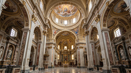 Fototapeta premium Baroque Church Interior Featuring Magnificent Frescoed Dome Structure And Polished Ancient Marble Columns View Photography