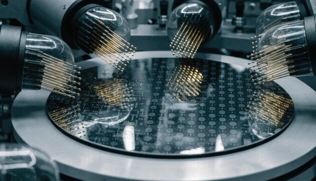 Closeup medium view of multisite probing with multiple probe cards simultaneously testing electrical properties on semiconductor wafers in an advanced fabrication lab.