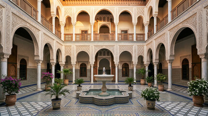 Obraz premium Classic Marble Fountain Courtyard Surrounded By Historic Pointed Arches And Colorful Intricate Patterned Tiles Design