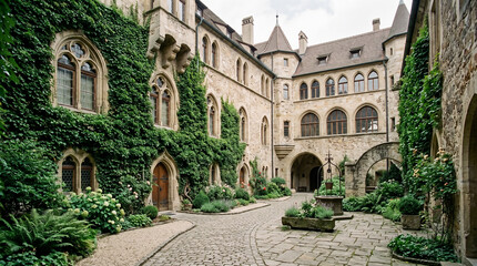 Fototapeta premium Rustic Old Castle Courtyard Surrounded By Lush Green Ivy Covered Stone Walls And Windows Architecture