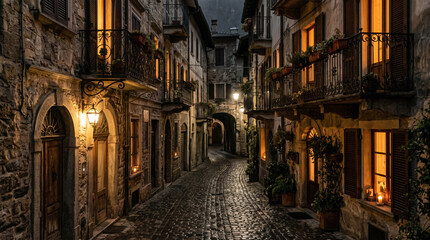 Obraz premium Romantic old stone alley with ornate wrought iron balconies and warm glowing windows street landscape