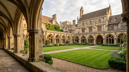 Fototapeta premium Historic Abbey Courtyard Featuring Arched Arcades And Green Manicured Grass In Soft Morning Light Photography