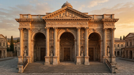 Obraz premium Ancient library facade features carved columns and monumental stone details glowing in soft gold light