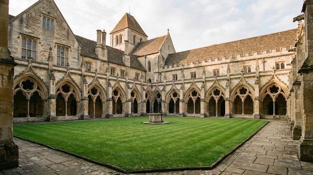 Peaceful historic abbey courtyard showcasing stone arched arcades and green manicured grass morning light architecture