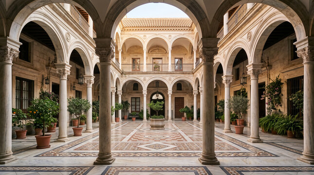 Elegant Marble Courtyard Featuring Classic Arched Colonnades And Intricate Patterned Stone Flooring Geometric Design Pattern