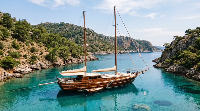 Luxury Wooden Gulet Anchored In A Secluded Turquoise Cove With Polished Decks Calm Waters Vacation