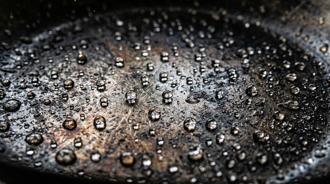 Abstract macro detail of clear water droplets dancing on hot preheated carbon steel wok surface