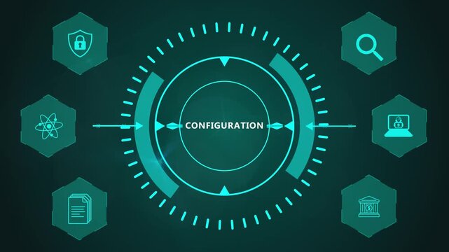 Configuration System Interface Featuring Circular Analytics Workflow Graphics and Interactive Digital Technology Elements on Background