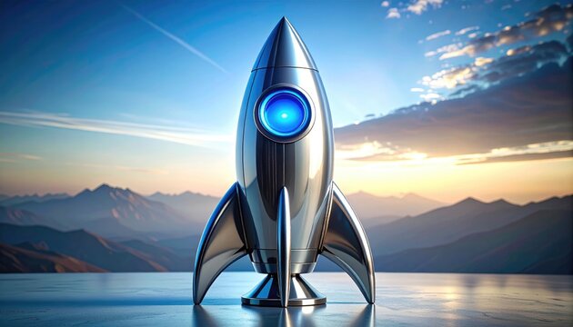 Gleaming rocket poised for launch against a serene mountain sunrise