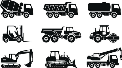Construction vehicles and heavy machinery black icons set including excavator dump truck bulldozer crane and concrete mixer isolated on white background vector illustration © IconicCreations