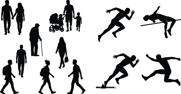 Big collection of people silhouettes including family with baby stroller walking pedestrians and track and field athletes isolated on white background vector illustration