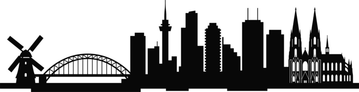 City skyline black silhouette panorama with landmarks including cathedral windmill bridge and television tower isolated on white background vector illustration