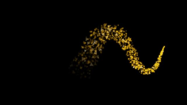 Abstract glowing golden particle wave with sparkling triangle fragments, luxury glitter dust motion, futuristic cinematic shimmer animation on black background
