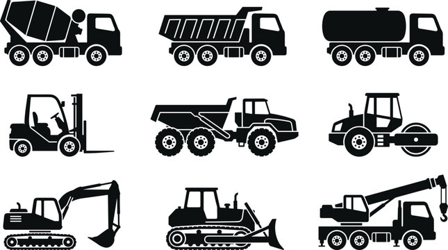 Construction vehicles and heavy machinery black icons set including excavator dump truck bulldozer crane and concrete mixer isolated on white background vector illustration