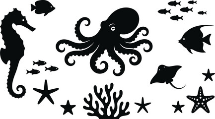 Marine life black silhouettes set with octopus seahorse stingray tropical fish coral reef and starfish isolated on white background vector illustration © IconicCreations