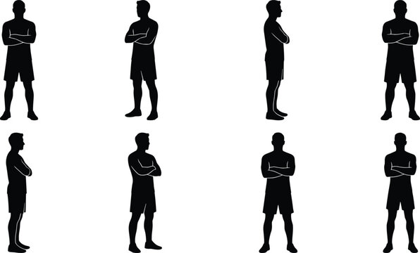 Man standing with crossed arms black silhouettes collection with front side and three quarter profile views of male figure in t shirt and shorts isolated on white background vector illustration