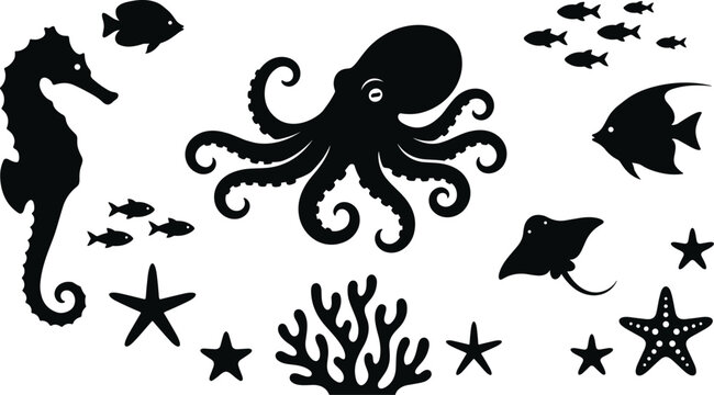 Marine life black silhouettes set with octopus seahorse stingray tropical fish coral reef and starfish isolated on white background vector illustration
