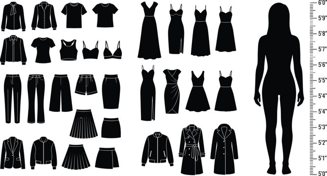 Women clothing and fashion garment silhouette icons set with female body shape chart template for website retail store planning and design layout