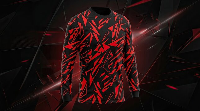 Red and black abstract pattern long sleeve sports jersey.