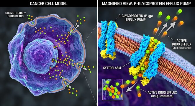 Cancer cell membrane showing p-glycoprotein efflux pumps actively expelling chemotherapy drugs from the intracellular space back into the extracellular environment, representing multidrug resistance