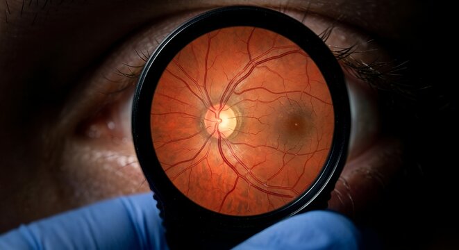 Doctor using a handheld ophthalmoscope to check a patient's fundus and optic nerve, perfect for optometry clinics, medical education, and routine eye exams