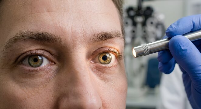 Close-up of a doctor's hand holding a penlight while a patient looks forward in a clinic, perfect for vision care, medical education, and routine eye health content