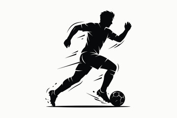 Fototapeta premium Dynamic silhouette of soccer player running fast while dribbling ball on isolated white background for sport graphics.