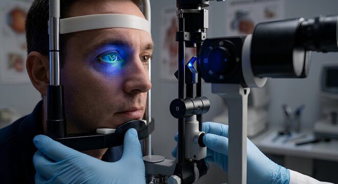 Male patient resting his chin and forehead on a slit lamp while an eye doctor examines his eyes, representing comprehensive vision testing and ocular health