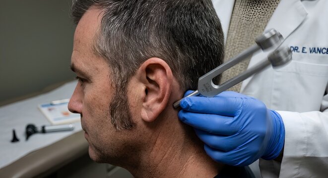 Physician performing a tuning fork hearing assessment on a middle-aged man in a clinic, perfect for audiology, ent exams, and diagnostic procedures