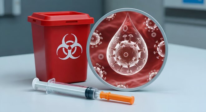 Red biohazard waste container with a used syringe and a blood drop containing floating virus particles, representing infectious medical waste disposal and sharps safety