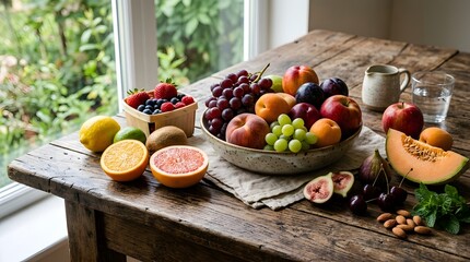 Fresh, vibrant assortment of ripe fruits beautifully arranged on a rustic wooden table
