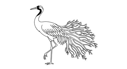 Fototapeta premium Elegant Crane Bird with Ornate Tail Feathers, Line Art Illustration