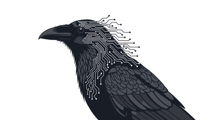 Fototapeta premium Futuristic Raven with Cybernetic Brain Circuitry - AI Concept