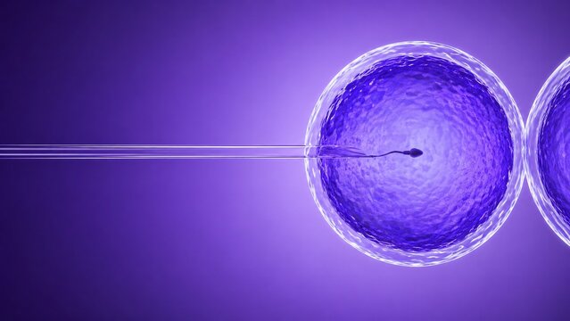 High-resolution 4K medical render illustrating Intracytoplasmic Sperm Injection (ICSI) during IVF treatment, showing a laboratory pipette inserting sperm into an egg.
