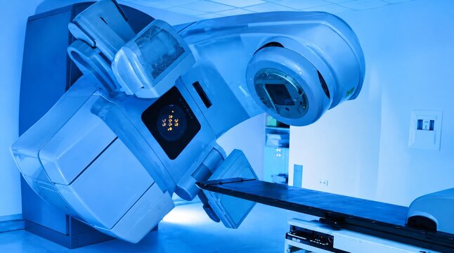 High-resolution 4K image of an advanced medical linear accelerator (LINAC) machine used for precise oncology radiation therapy treatments.