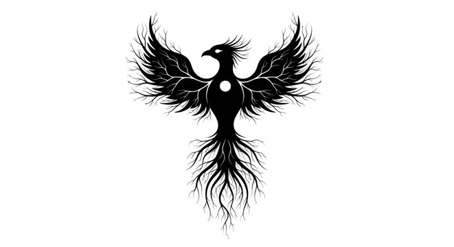Mythical Phoenix Bird Silhouette with Tree Branches and Roots