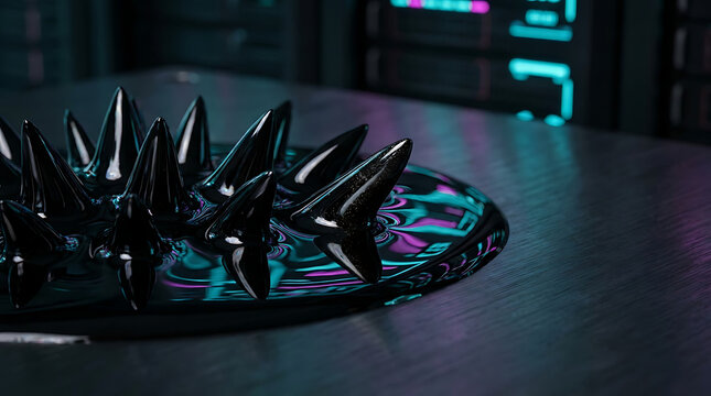 Mesmerizing ferrofluid spikes shimmer with neon reflections, creating an abstract and dynamic display of magnetic liquid in a cutting-edge technological environment