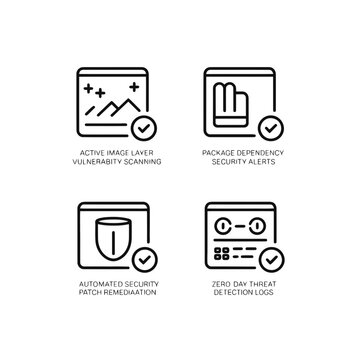Cybersecurity icons set with vulnerability scanning security alerts patch remediation threat detection