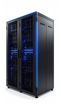 Towering server rack with bright blue LED lights against a white background