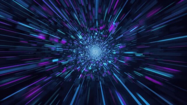 Neon tunnel vortex digital data warp glowing blue purple streaks dynamic motion energetic glow