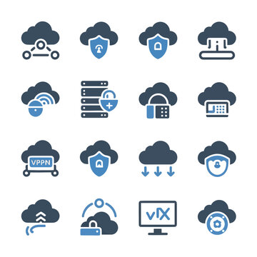 Modern cloud computing icons showcasing data security vpn vix and networking in a clean minimalist style with blue and gray tones for professional use