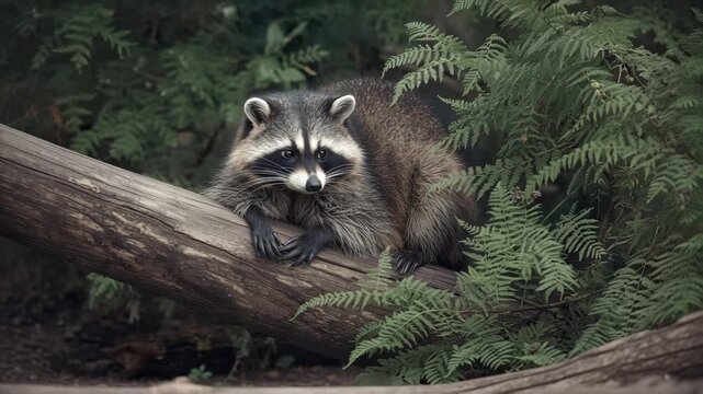 Curious raccoon perched on fallen log among green ferns in calm forest wildlife mammal portrait