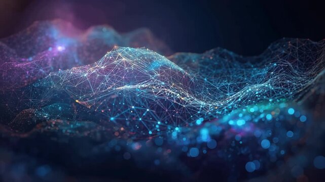 Digital network landscape of glowing mesh nodes and connection lines forming neon data wave mesh