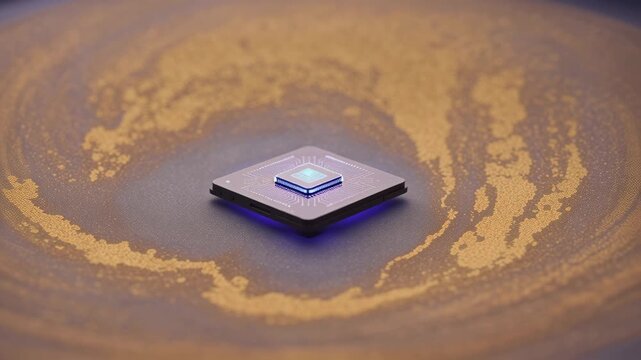 Glowing microchip circuit board with neon blue light and textured semiconductor processor circuit