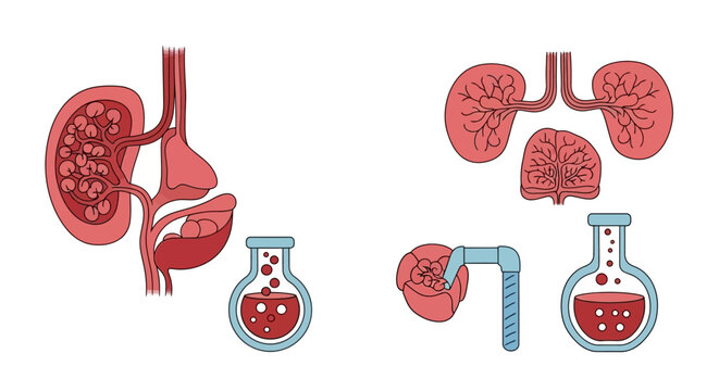Medical illustration of urinary system organs and blood test flasks