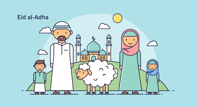 Muslim family celebrating Eid al Adha with sheep and mosque