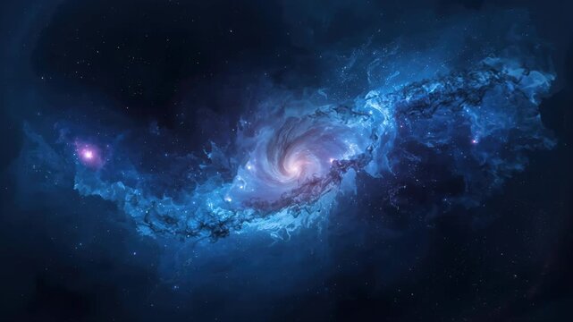 Spiral galaxy nebula swirling blue clouds with glowing core and distant stars in cosmic space