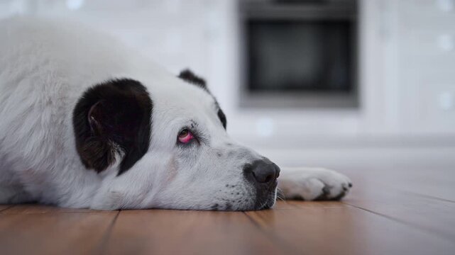 Central Asian Shepherd resting in bright modern kitchen, calm domestic scene in 4K