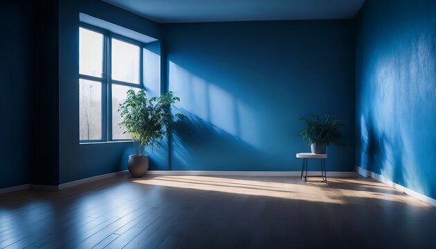 a stark minimalist interior illuminated by cool bluish light the scene evokes a feeling of quiet solitude and modern design emphasizing shadows and textures ambiance room